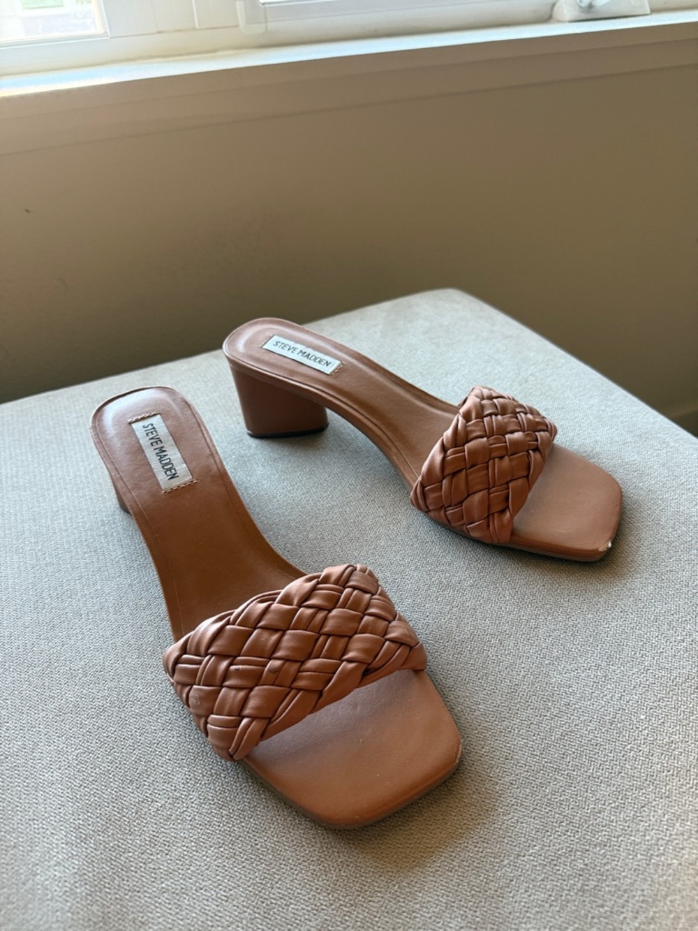 Steve Madden Braided Strap Block Heel Mules in Tan